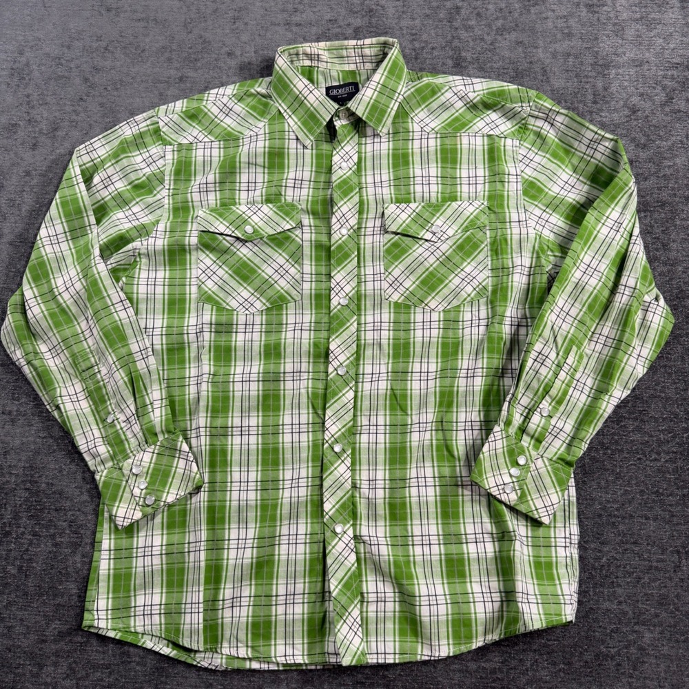 Gioberti Mens Green White Plaid Pearl Snap Western Long Sleeve Shirt Size Large